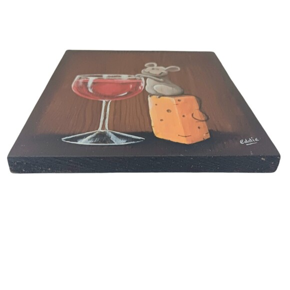 Mouse With Cheese And Wine Original Painting On Wood Signed Eddie Handpainted #2 - Picture 3 of 9